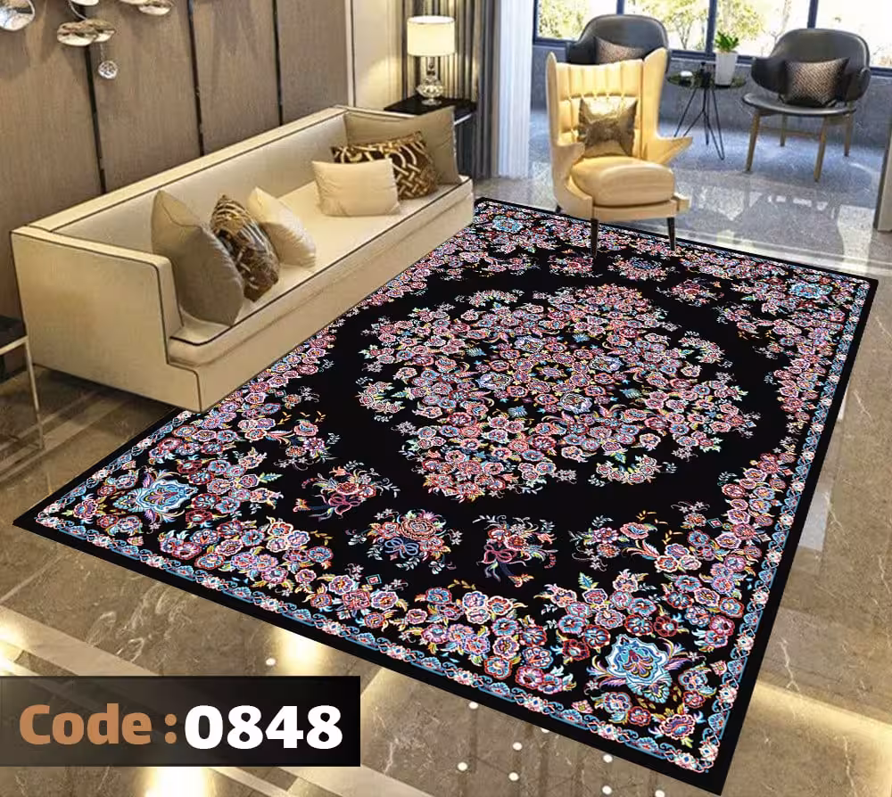 کاورفرش روفرشی دورکشدار گوشه لیفه ای لاکی ، آبی و متنوع کد 0848