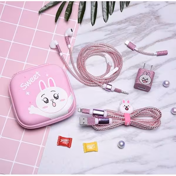 پک محافظ کابل خرگوش اکلیلی کیف مربع Pink Rabbit Usb Cable protector