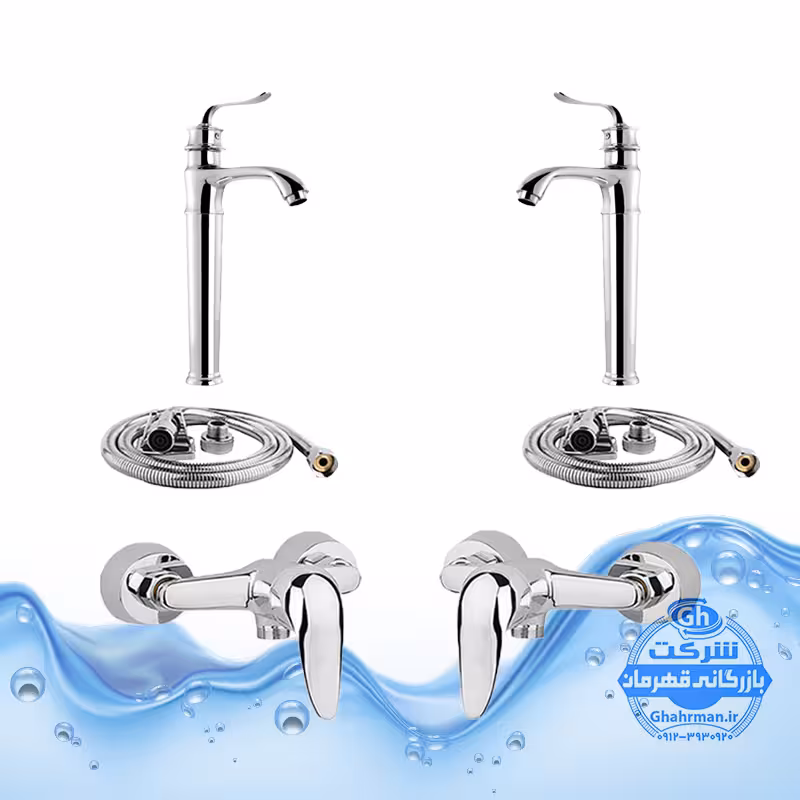ست 6 عددی شیرآلات مدل قهرمان | 2 عدد شیر روشویی پایه‌بلند بامبو   2 عدد شیر توالت   2 عدد شلنگ توالت | کروم براق