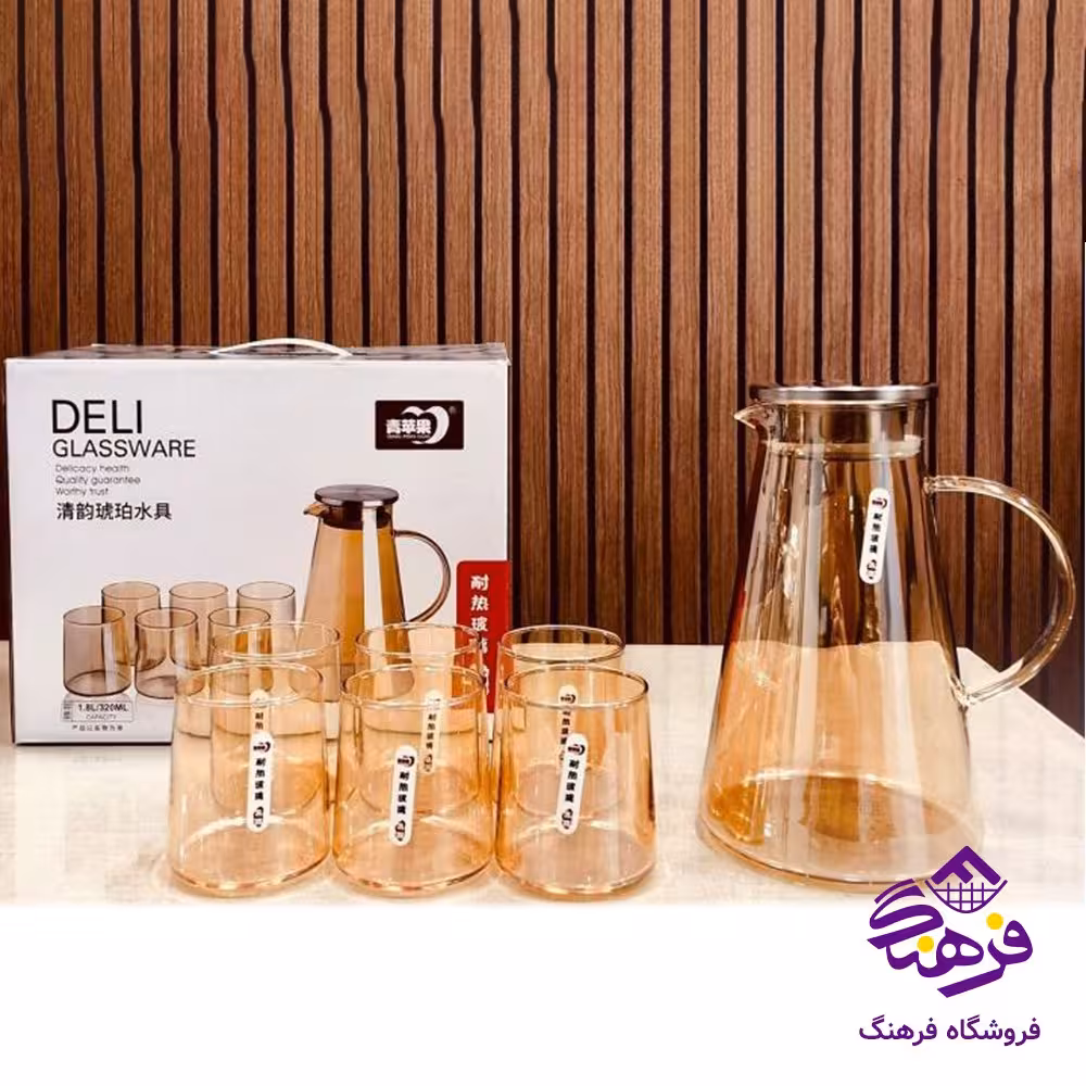 پارچ و لیوان پیرکس کف پهن طلایی دلی