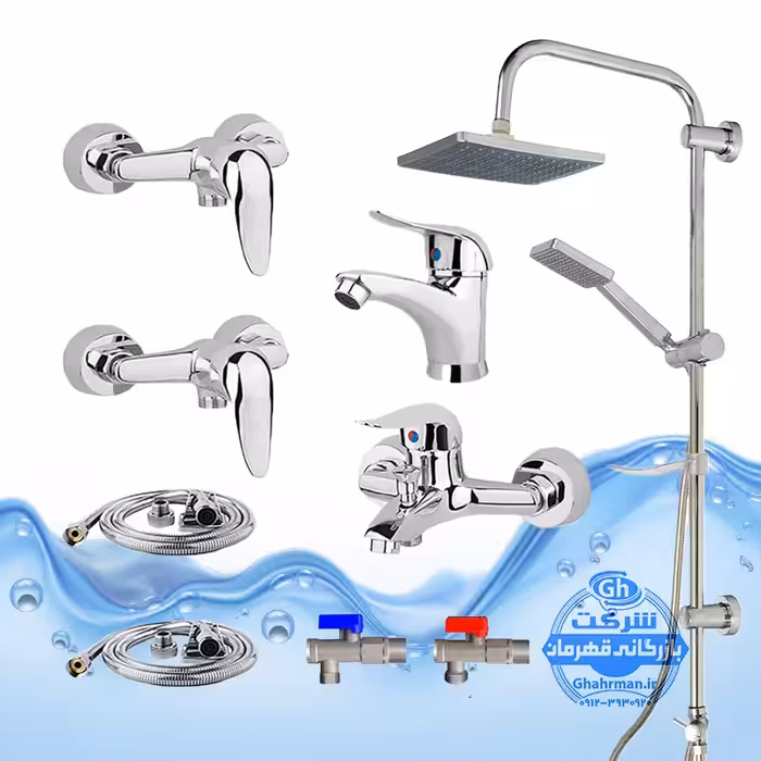 ست 9 عددی شیرآلات برند آیدا صنعت مدل قهرمان اردکی | شیر روشویی   حمام   دو عدد توالت   علم دوش یونیورست رسوب‌گیر اتومات   دو شلنگ توالت   دو عدد پیسوار برنجی | کروم براق