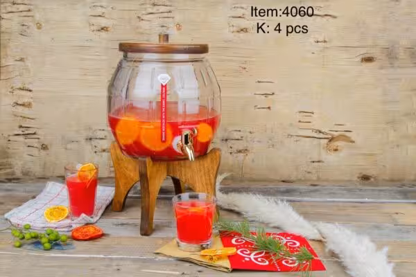 کلمن شربت و نوشیدنی طرح بشکه بلوری پایه چوبی 5/5 لیتری امبیکو(ارسال فقط برای تهران)