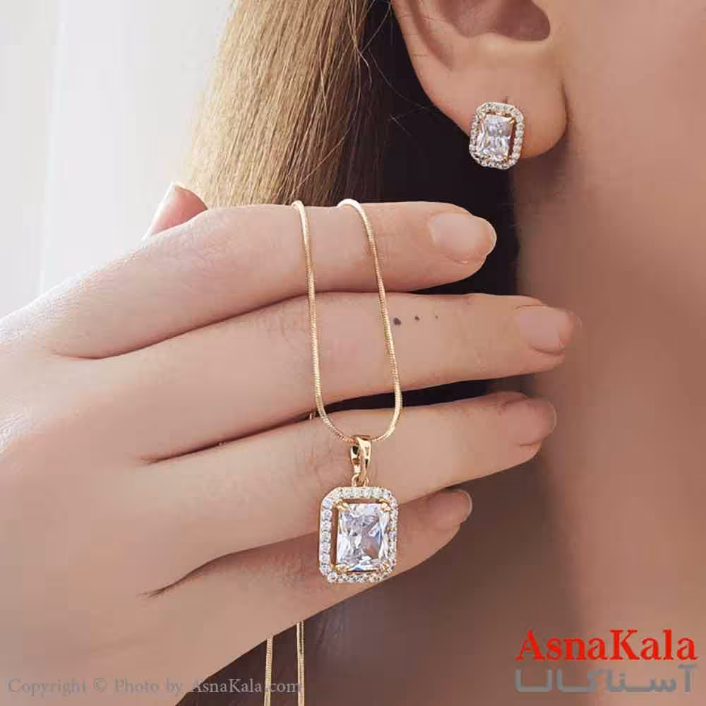 نیم ست زنانه ژوپینگ مدل مربع نگینی شامل گوشواره و گردنبند  کد NIM14650W
