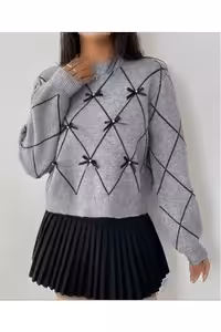 ژاکت با بافت نخی و جزئیات گرهی با طرح باقلوای خاکستری - 11090