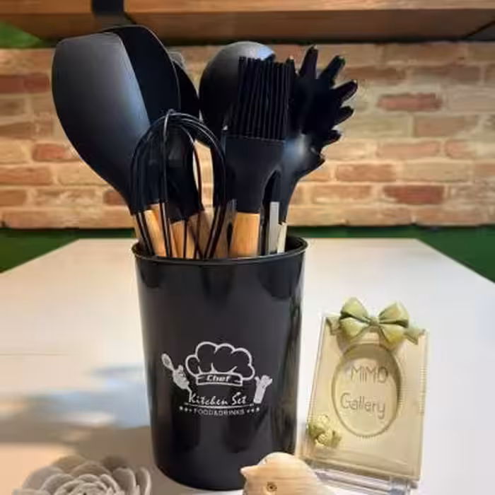 سرویس کفگیر و ملاقه سیلیکونی 12 پارچه دسته چوبی بامبو (با کیفیت ترین در بازار)