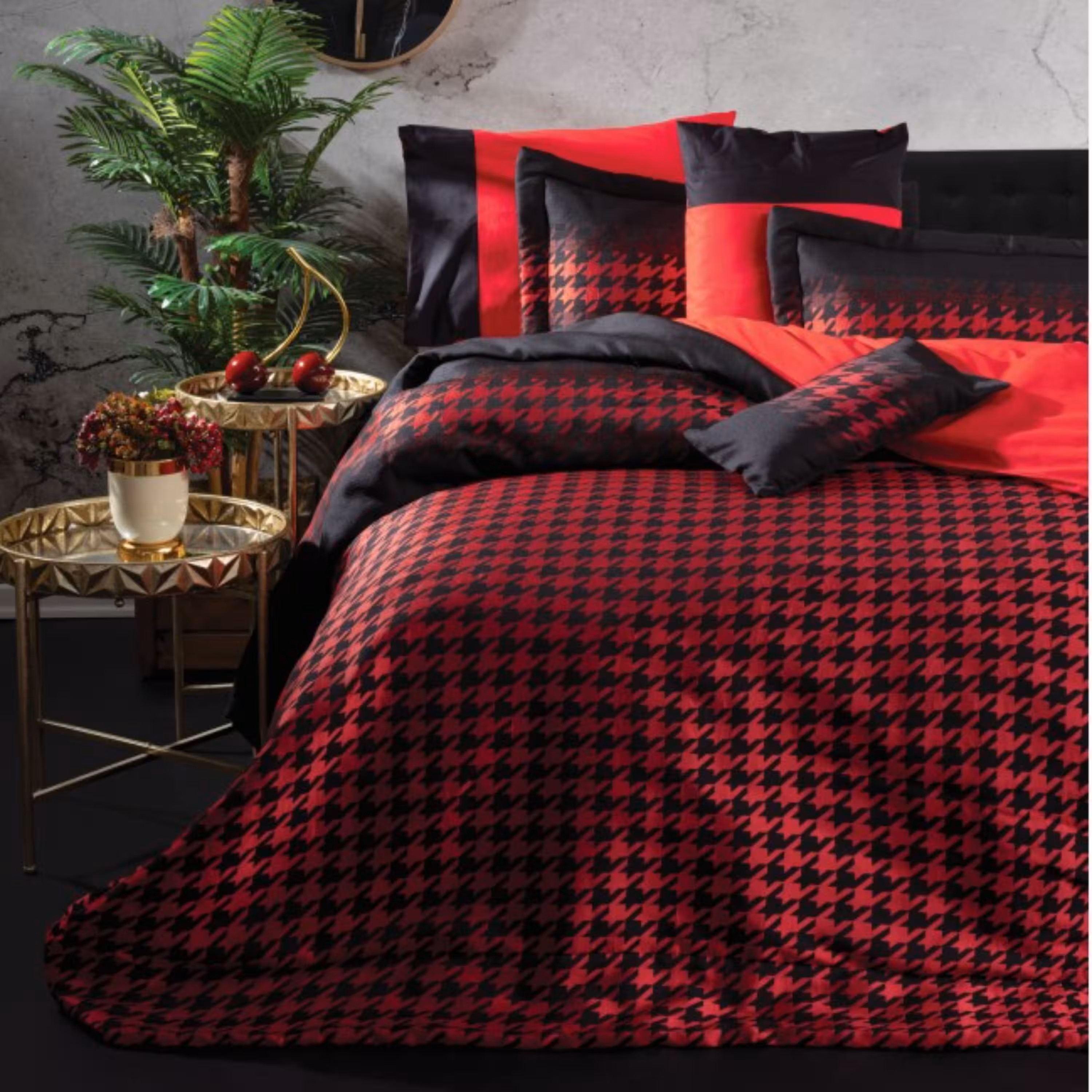 رو تختی و ست ملحفه کاتن باکس مدل Light Dazzle Kirmizi-Siyah تکنفره 6 تکه