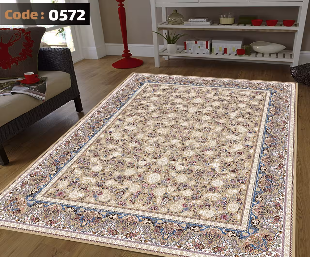 کاورفرش روفرشی دورکشدار گوشه لیفه ای کرم  قهوه ای کد 0572