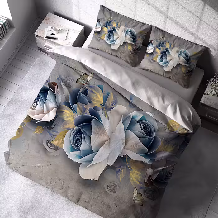 ست روتختی دو نفره طرح گل برجسته آبی با زمینه طوسی bas-2333