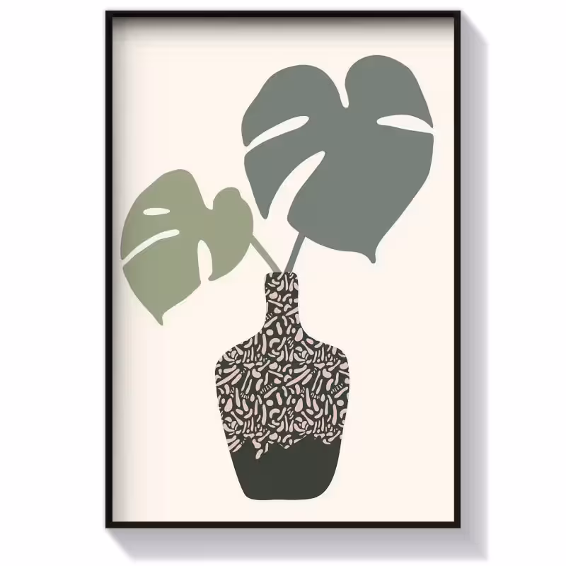 تابلو دکوراتیو بوهو طرح گلدان و برگ با تم سبز