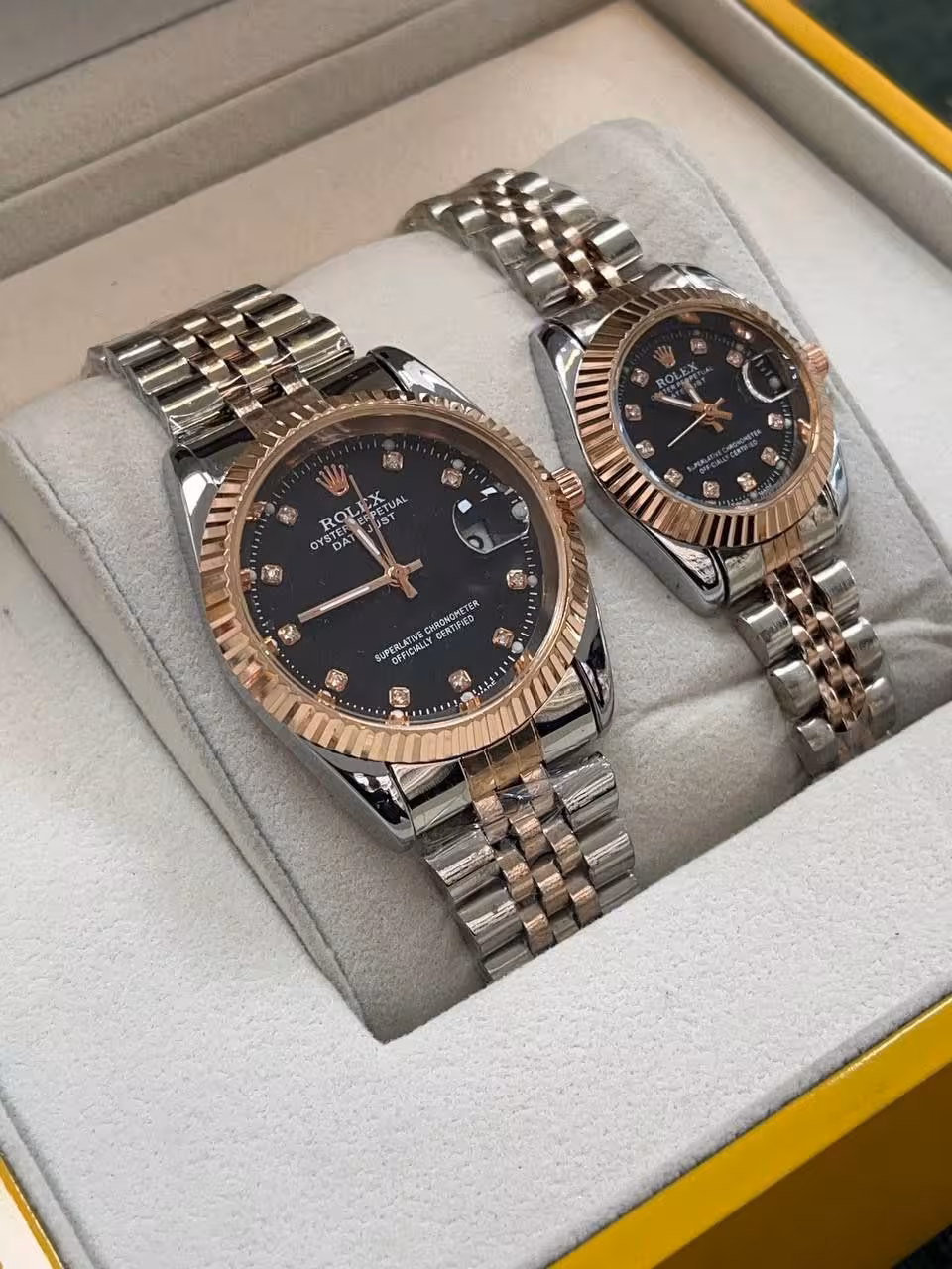 ست ساعت رولکس بند استیل 2 رنگ روزگلد صفحه مشکی - کد 110ط
