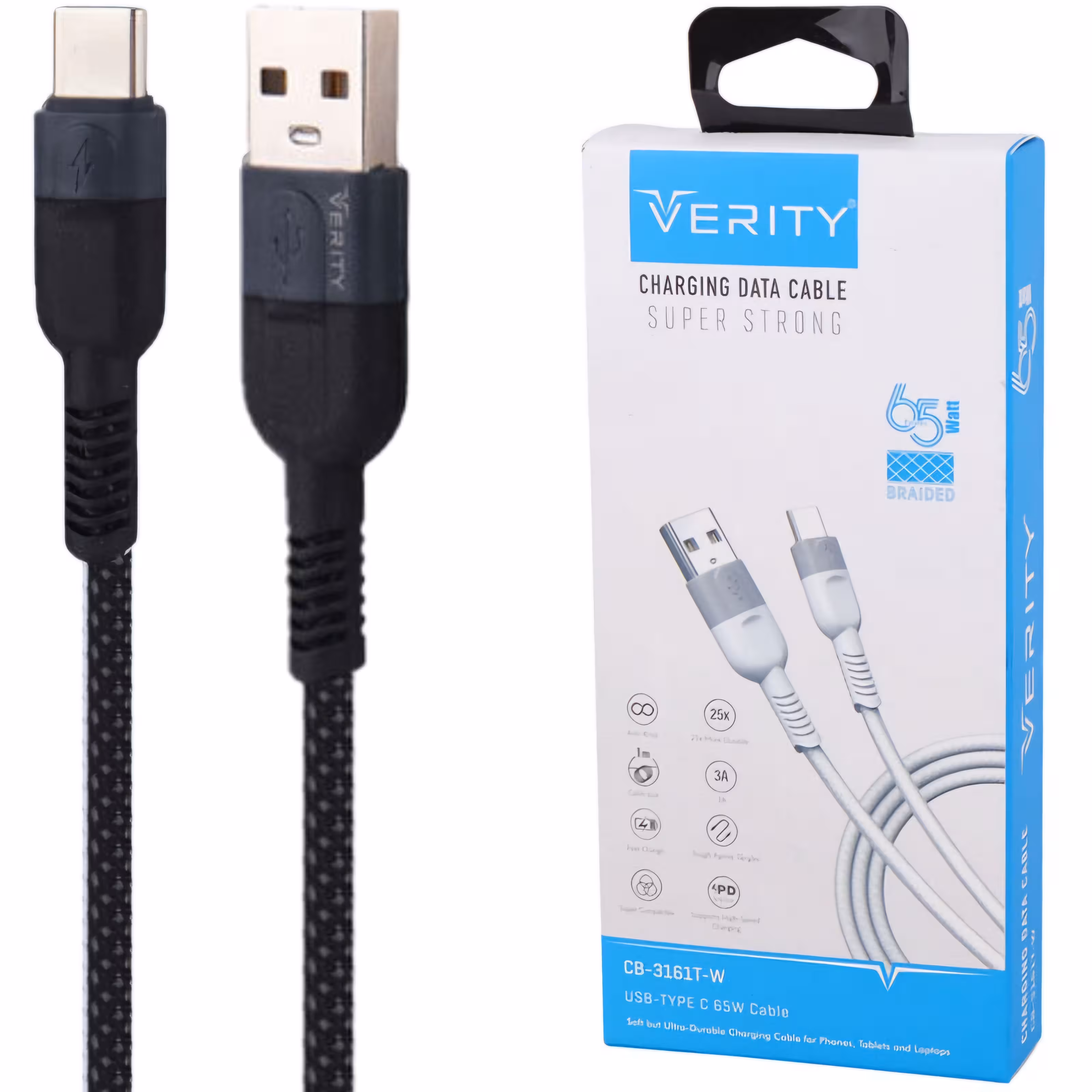 کابل تایپ سی فست شارژ Verity CB-3161T-W 3A PD 65W 1m