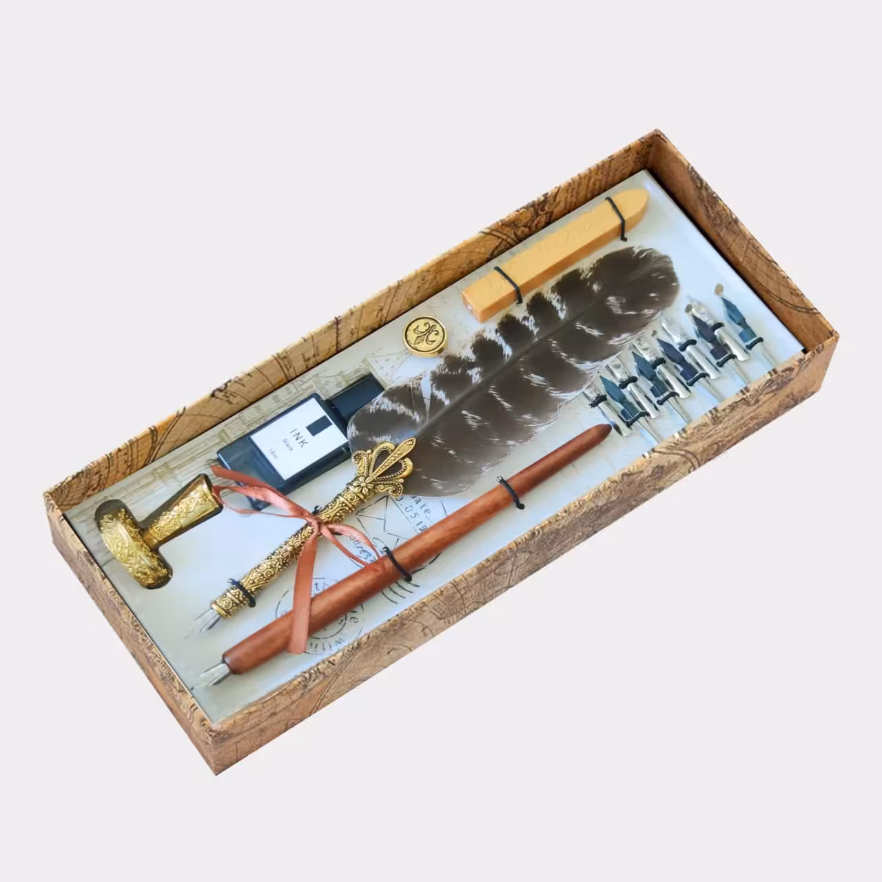 ست کالیگرافی قلم پر قرقاول قهوه ای طرح رویال