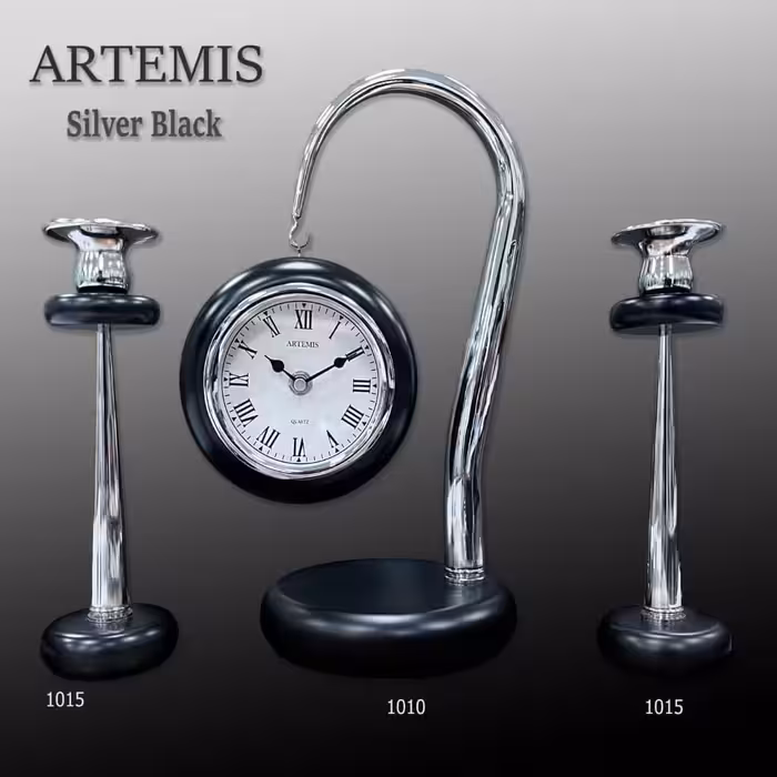ست ساعت و شمعدان آرتمیس کد 1010 و 1015 Black Silver مشکی نقره ای