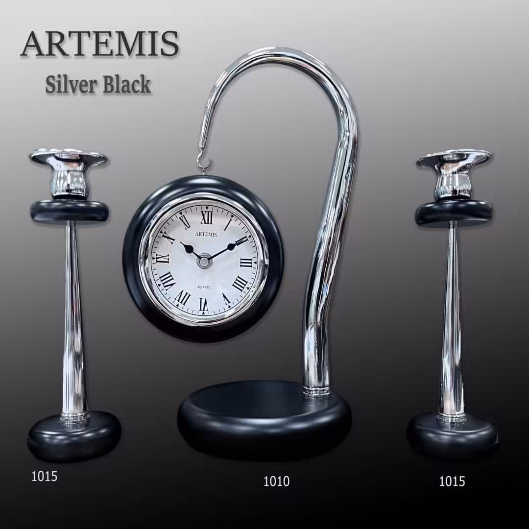 ست ساعت و شمعدان آرتمیس کد 1010 و 1015 Black Silver مشکی نقره ای
