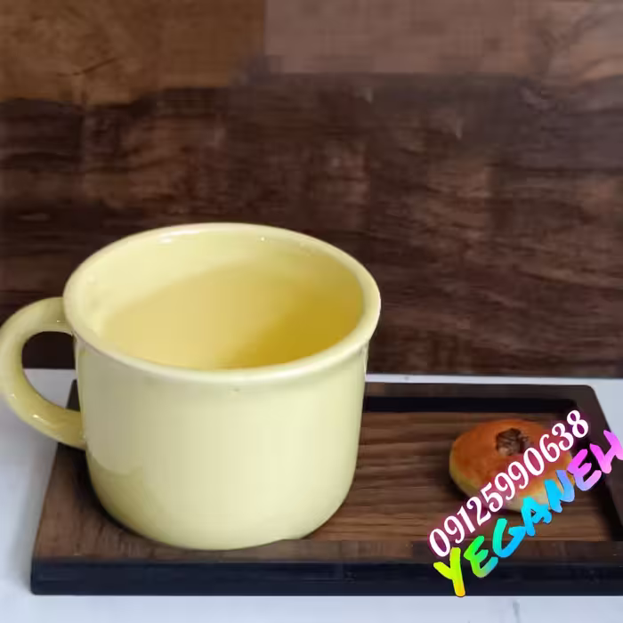 شات قهوه خوری فنجان چای خوری نیم ماگ سرامیکی با زیر فنجانی چوبی (زرد)