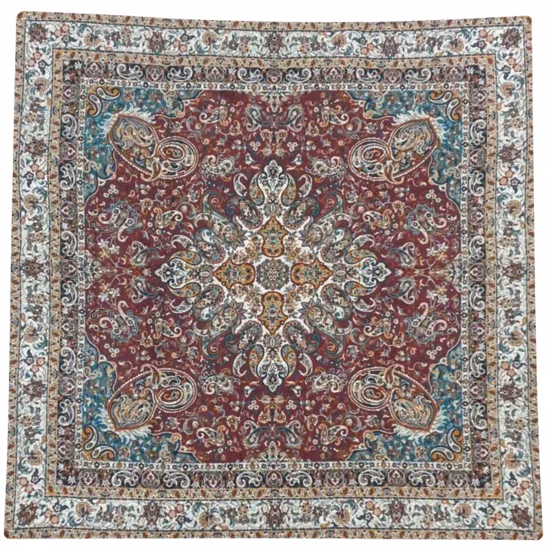 رومیزی مربع ترمه کد TRMPOL3 نفیس رنگ زرشکی قهوه ای آستر طوسی لبه مغزی دوزی