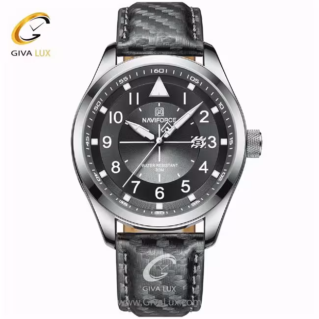 ساعت مچی مردانه بند چرم طوسی نوی فورس NF8022