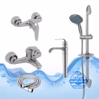 ست 5 عددی شیرآلات برند آیدا صنعت مدل قهرمان | روشویی پایه‌بلند   توالت   حمام   شلنگ   علم یونیکا | کروم مات