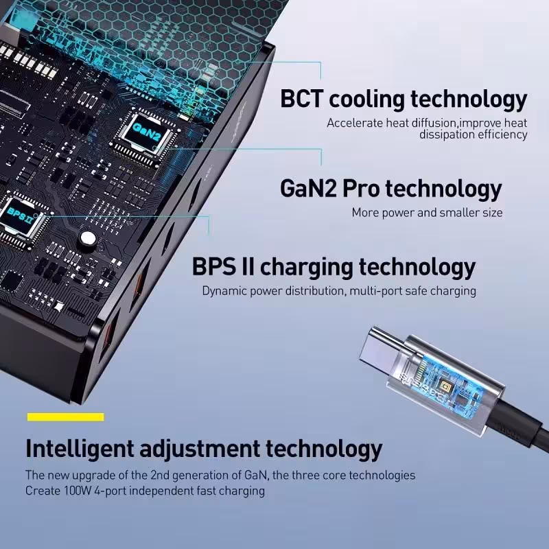 شارژر دیواری باسئوس مدل GaN2 Pro 100W به همراه کابل تبدیل USB-C