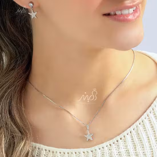 💍نیم ست جواهری ظريف و زیبا ستاره (آويز و گوشواره) با طراحی ژورنالی ؛ نقره عیار 925 (N_4124)