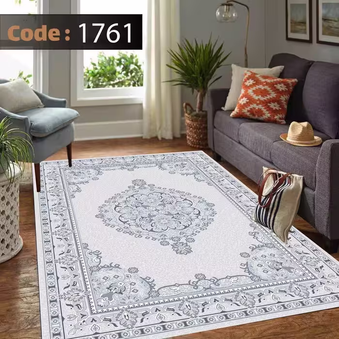کاورفرش روفرشی دورکشدار گوشه لیفه ای طوسی کرم کد 1761