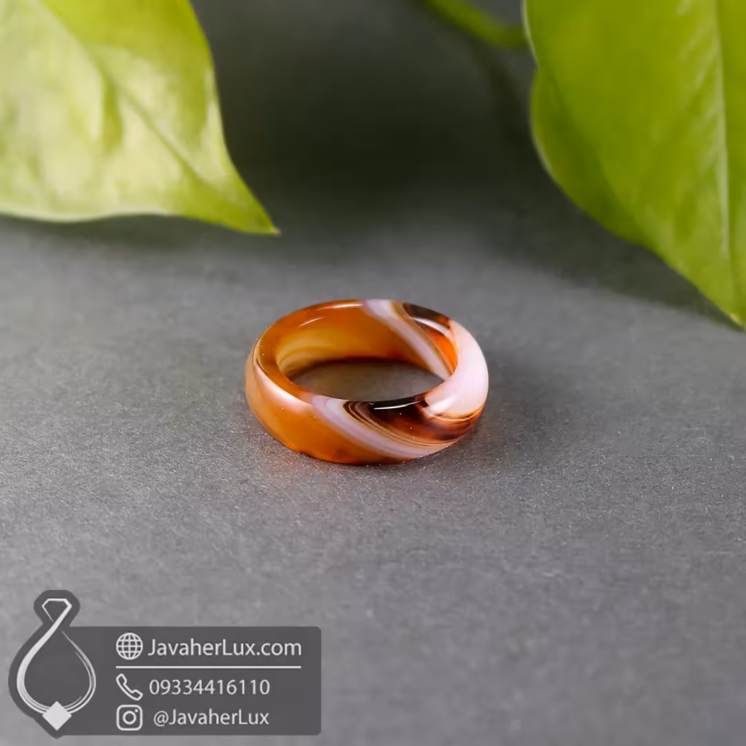 حلقه سنگ عقیق سلیمانی سفید نارنجی مدل تباک _ کد 400331