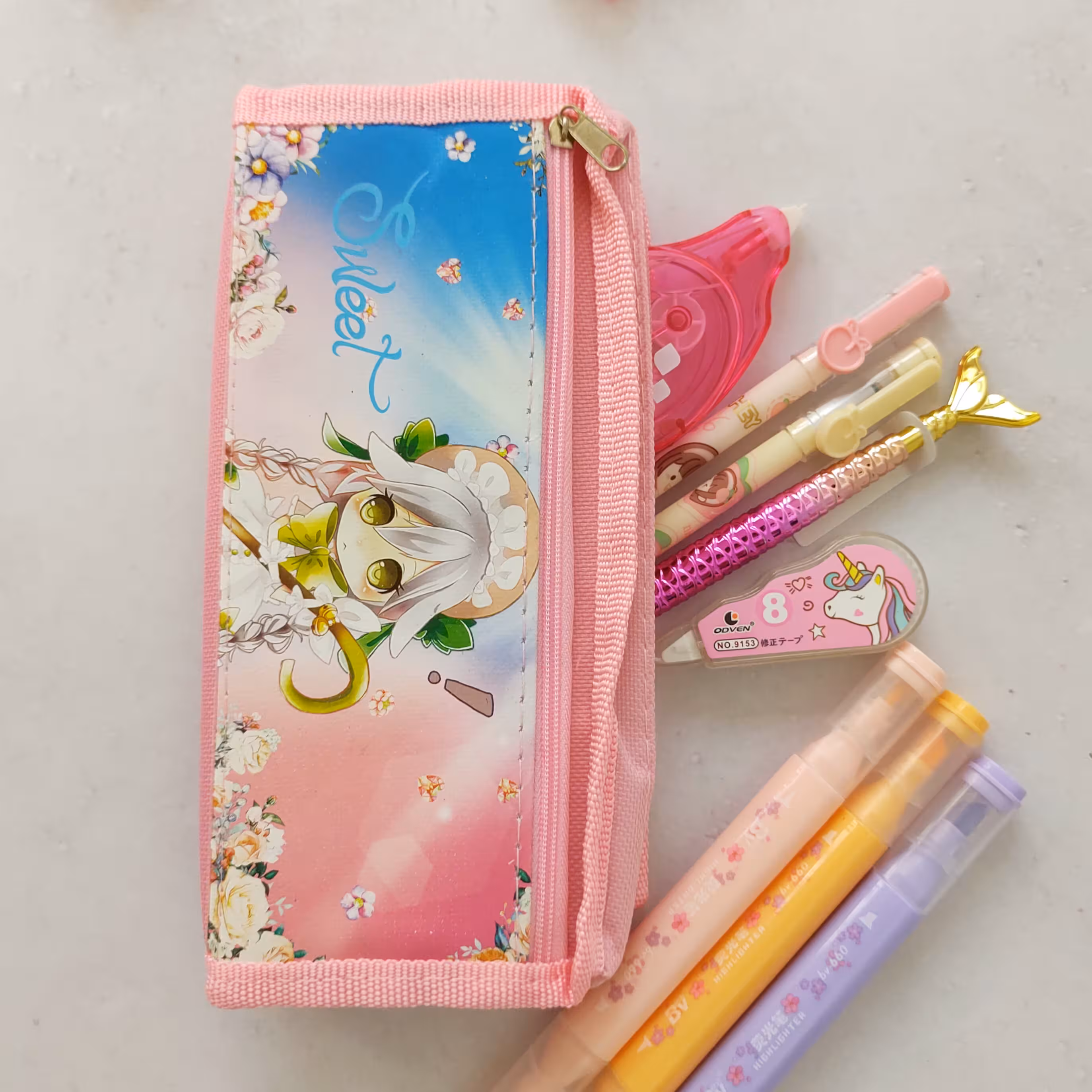 جامدادی انیمه دخترونه  صورتی دو زیپ