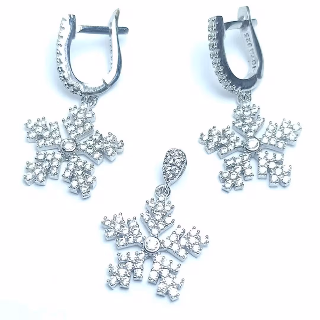 نیم ست نقره جواهری طرح برف با روکش رادیوم 