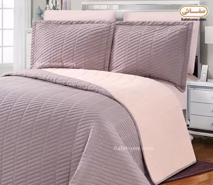 روتختی یک نفره پنبه دوزی 4 تکه راه راه بنفش و صورتی روشن