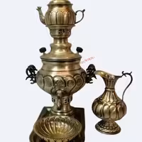 سماور زغالی  با سرویس ذغالی برنجی  اینه کج