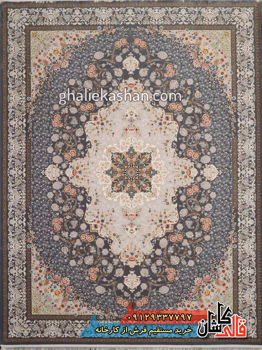 فرش 1200 شانه طرح ناوک زمینه ذغالی کاشان – گل برجسته