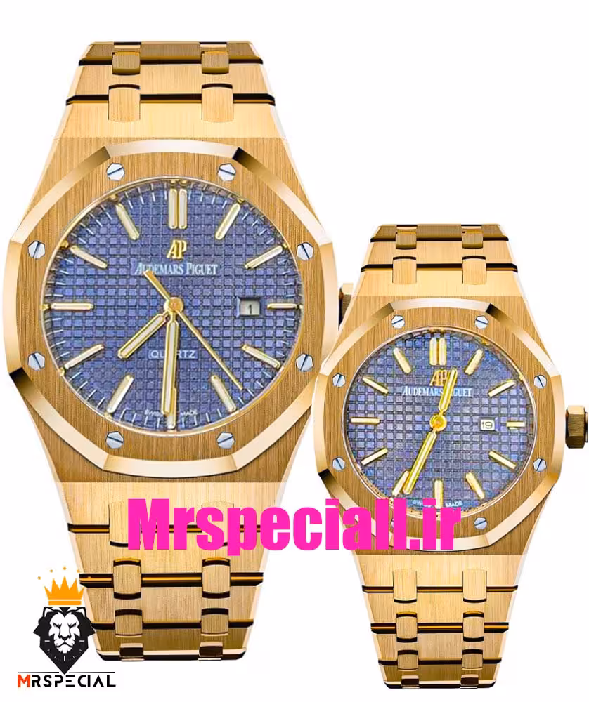 ساعت ست اودمار پیگه مردانه و زنانه باتری طلایی صفحه ابی 2215 AUDEMARS PIGUET ROYAL