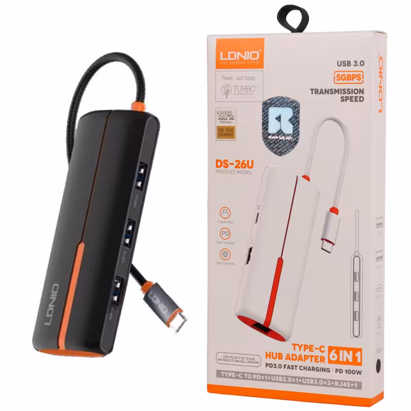 هاب 6 پورت تایپ سی به USB 3.0/USB2.0/RJ45/Type-C الدینیو مدل DS-26U
