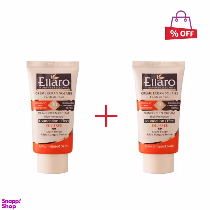 کرم ضد آفتاب فاقد چربی الارو (Ellaro) مدل foundation effect با spf 30 رنگ بژ روشن حجم 40 میلی‌‌لیتر مجموعه 2 عددی