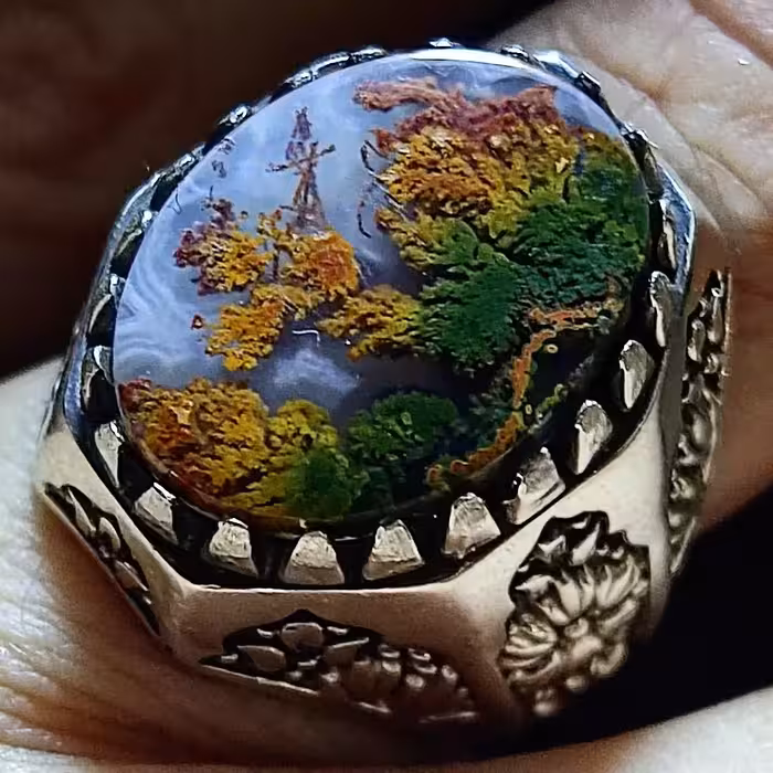 انگشتر نقره شجر منظره طبیعی بینظیر  درطبع ورنگ و بسیار خاص و جذاب و کمیاب و در سبک خود تک در ایران 