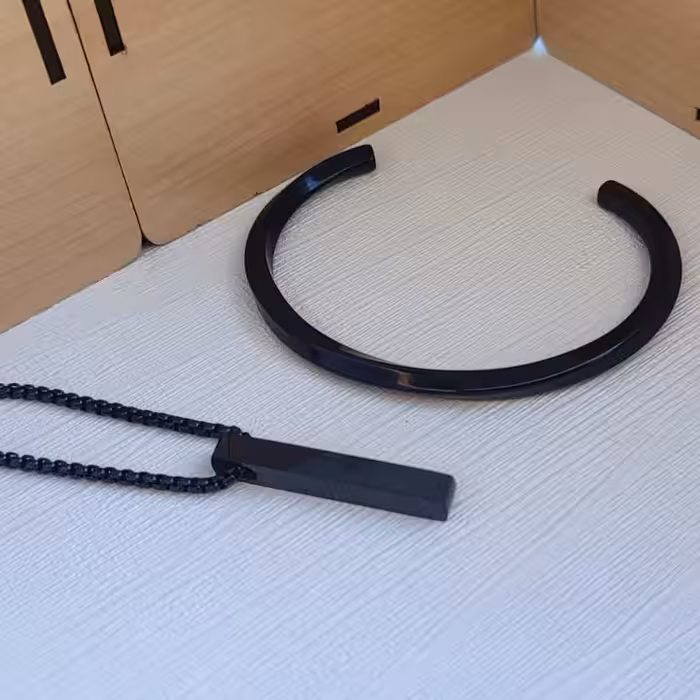 ست دستبند و گردنبند مشکی پسرانه استیل