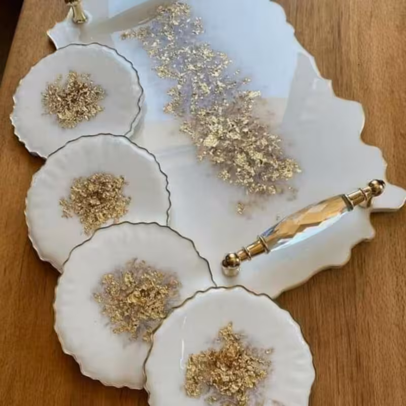 سینی پذیرایی و لوکس رزینی جهیزیه عروس همراه زیر استکانی