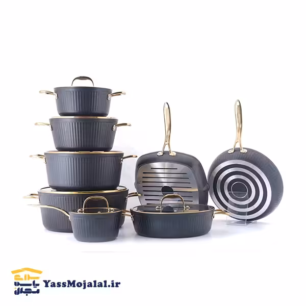 سرویس قابلمه 14 پارچه طرح آلما دسته طلایی