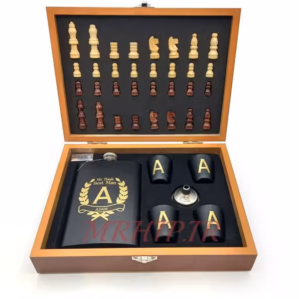 هیپفلاسک (قمقمه جیبی) و جعبه چوبی شطرنج مدل A کد a560543