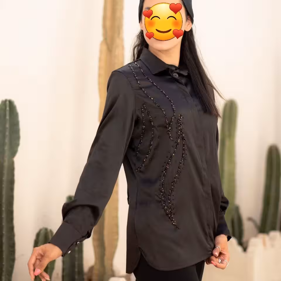 شومیز ساتن یقه مردانه به همراه جواهر دوزی