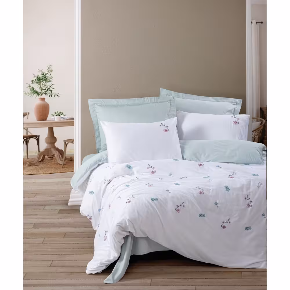 ست ملحفه کاتن باکس مدل Brode Saten Ella Mint دو نفره 6 تکه