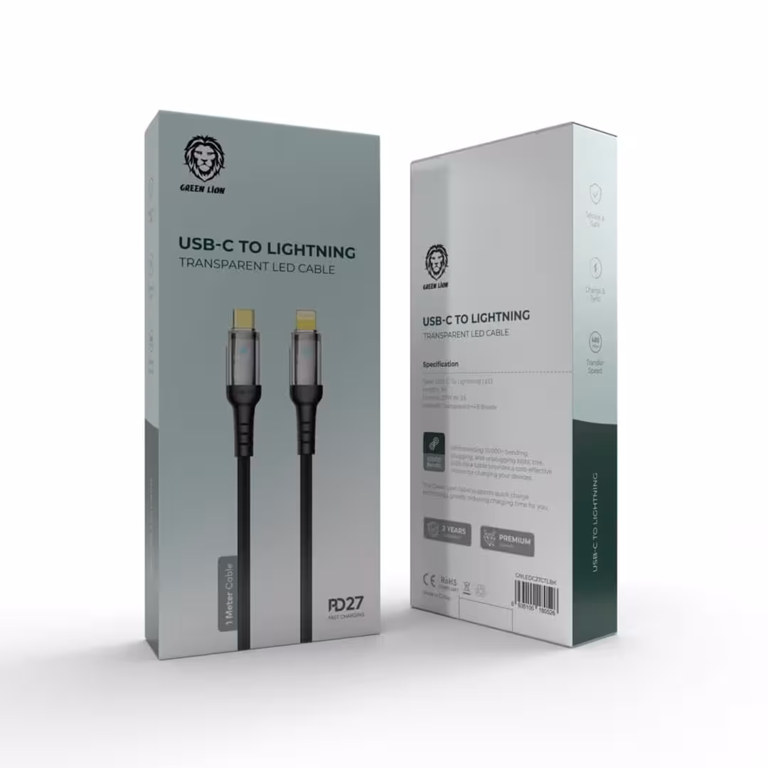 کابل شفاف ال ای دی دار تایپ سی به لایتنینگ گرین Green usb-c to lightning transparent LED cable