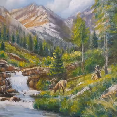 تابلو نقاشی رنگ روغن طرح طبیعت جنگل و رودخانه