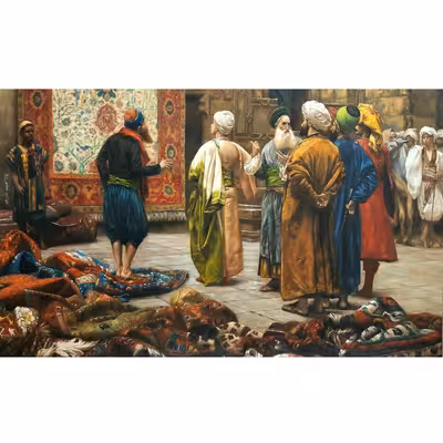 تابلو نقاشی رنگ روغن طرح تاجر فرش کد R1