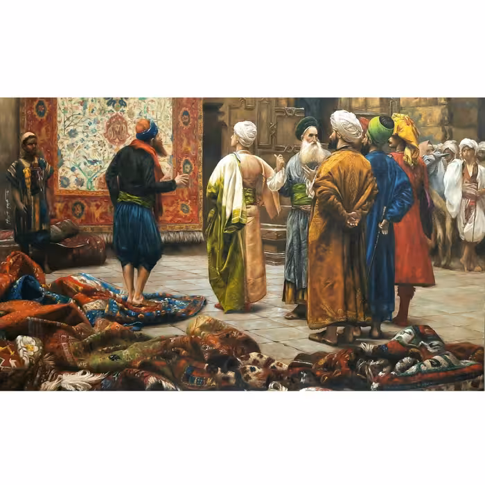 تابلو نقاشی رنگ روغن طرح تاجر فرش کد R1