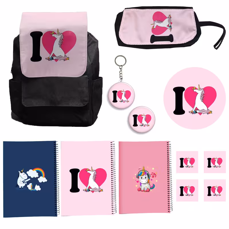 کوله پشتی مدل مدل یونیکورن تک شاخ کد A12 Unicorn به همراه دفتر مشق و جامدادی و زیر لیوانی و جاکلیدی مجموعه 12 عددی | چاوه