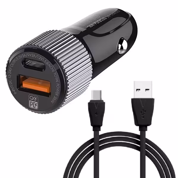 شارژر فندکی 36 وات الدینیو مدلc510q به همراه کابل تبدیلUSB-C | کالا مکس