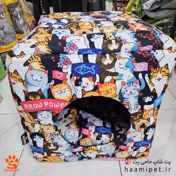 کلبه، تشک و مبل سگ و گربه 3 حالته طرح گربه های رنگی