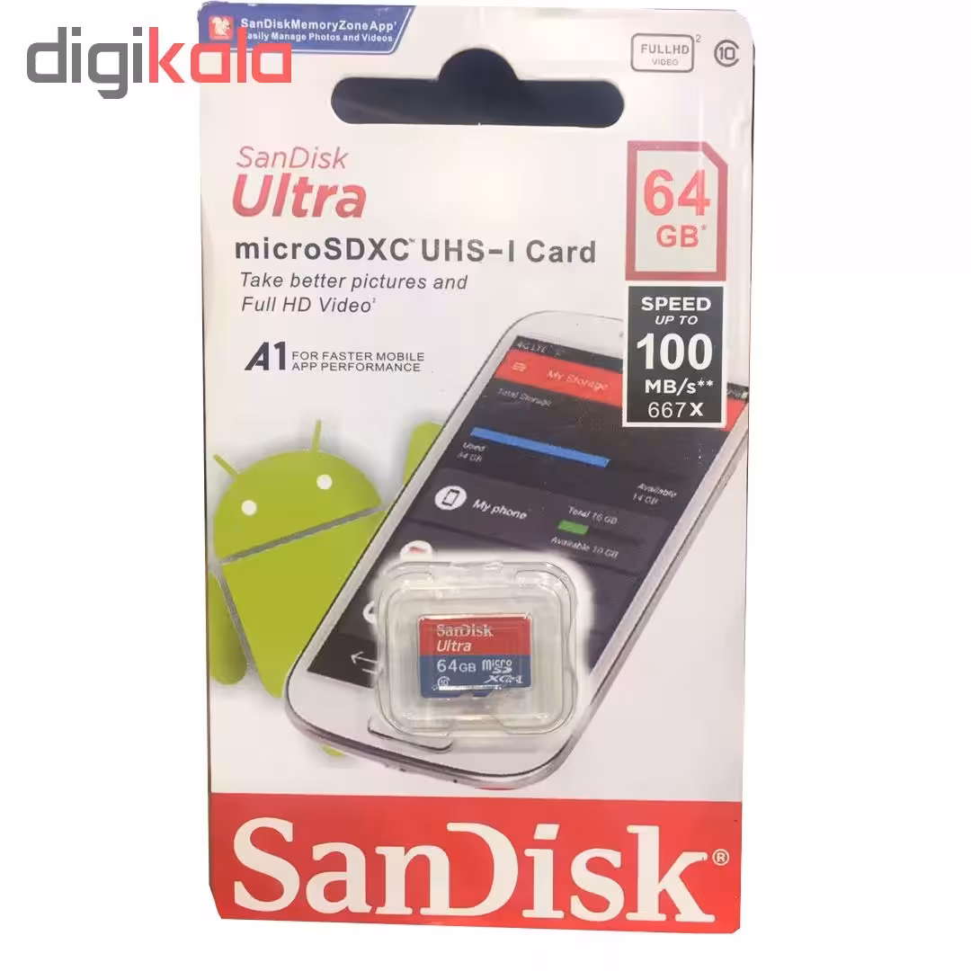 کارت حافظه microSDXC سن دیسک مدل Ultra A1 کلاس 10 استاندارد UHS-I سرعت 100MBps ظرفیت 64 گیگابایت