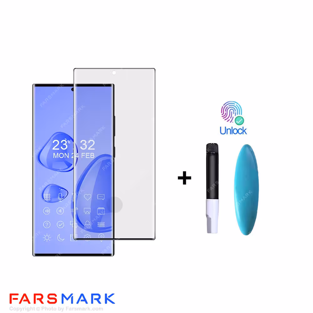 گلس تمام صفحه یووی شفاف Samsung Galaxy S23 Ultra با چسپ UV